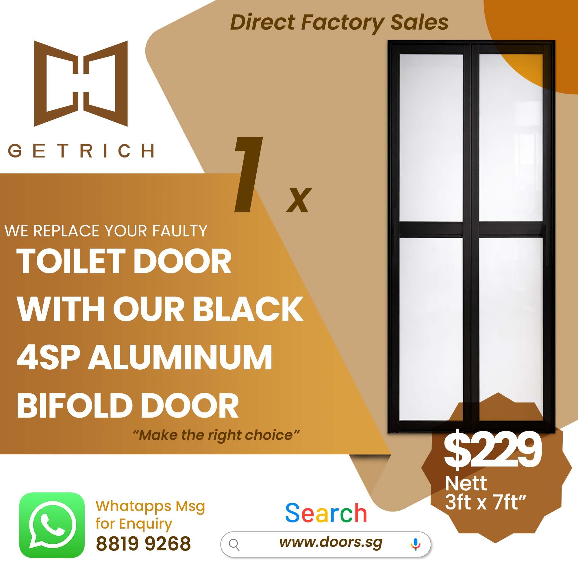 4SP BLACK Aluminum Bifold Toilet Door Singapore | Space-Saving & Durable | Getrich | 1 Toilet Door Replacement