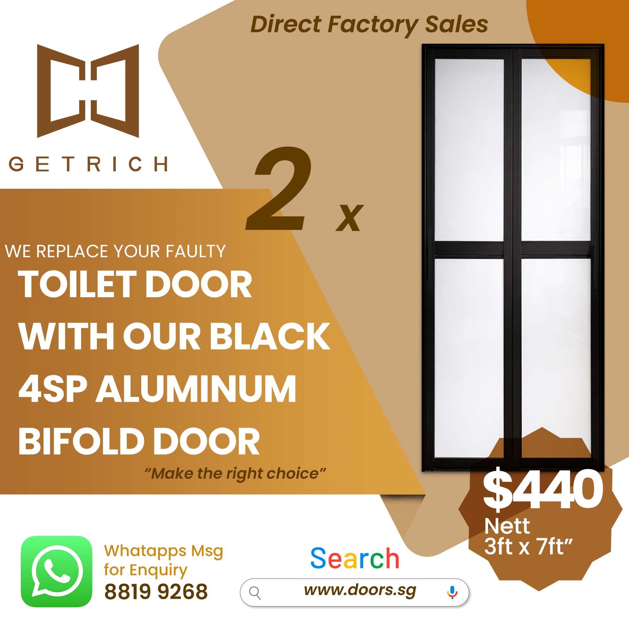 4SP BLACK Aluminum Bifold Toilet Door Singapore | Space-Saving & Durable | Getrich | 2 Toilet Door Replacement