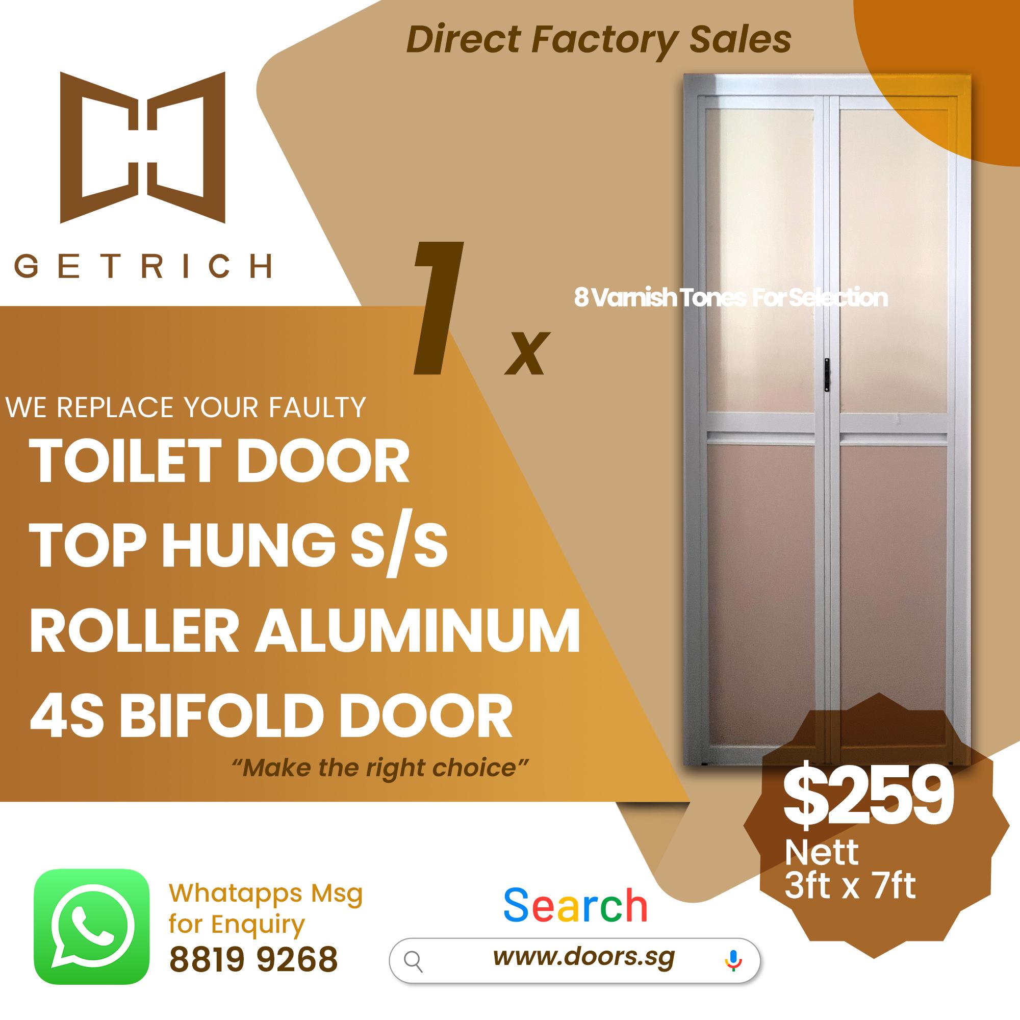 4S WPC Top Hung (Stainless Steel) Roller Aluminum Bifold Toilet Door Singapore | Durable | Getrich | 1 Toilet Door