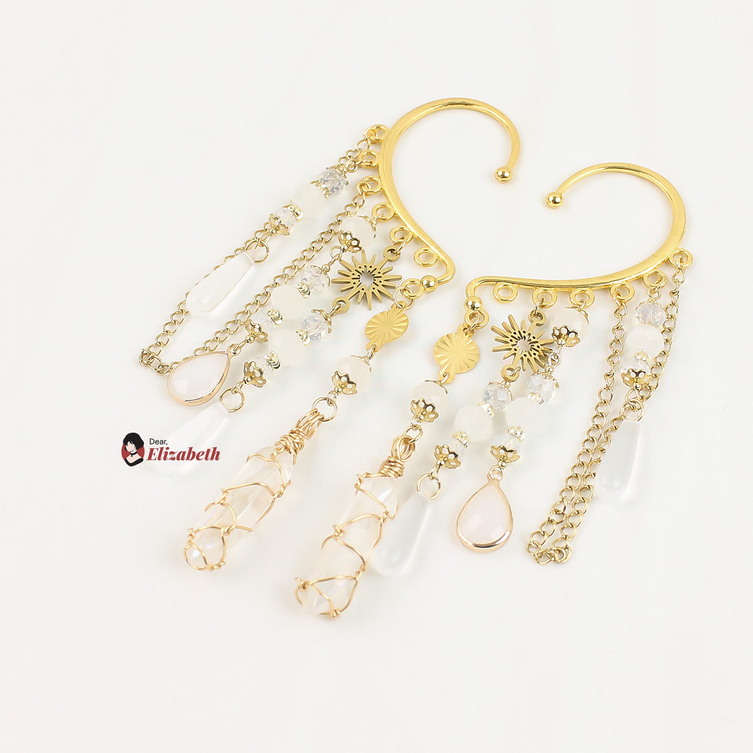 Aneira Mystica White Quartz Fantasy Ear Hook Cuffs