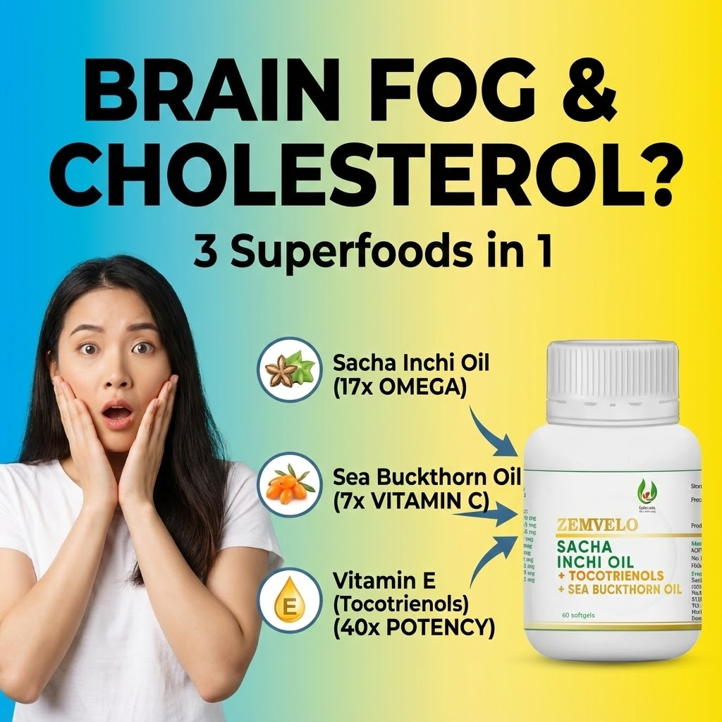Zemvelo Sacha Inchi Oil 3-in-1 Softgels | Omega 3-6-9 + Vit E & C | Brain Fog, Cholesterol & Skin Glow | Halal (60 Softgels)