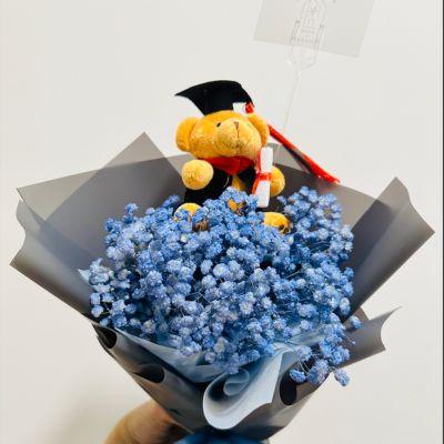 Graduation Blue Baby's Breath Bouquet Bear