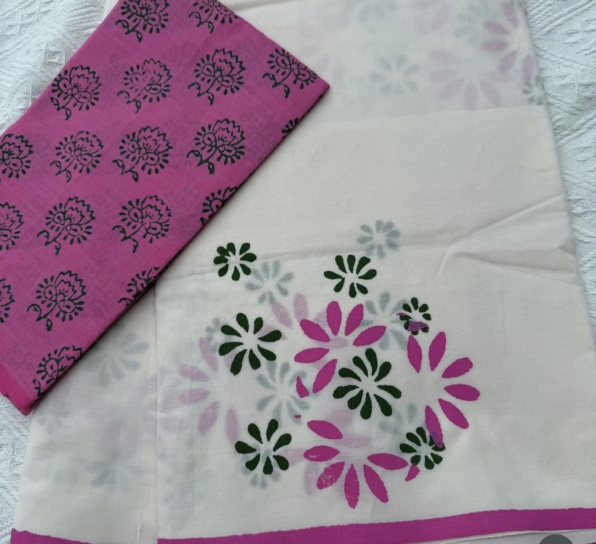 South Cotton Mix Block Printed Saree