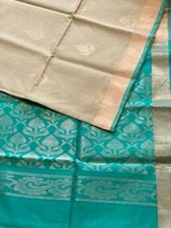 Light Khaki & Turqoise Kanchi Cotton Silk