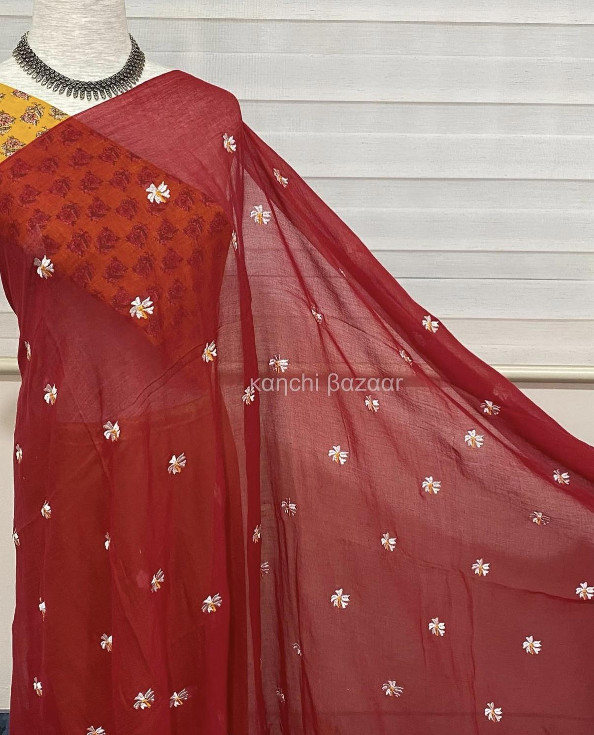Red with White Embroidery Flowers