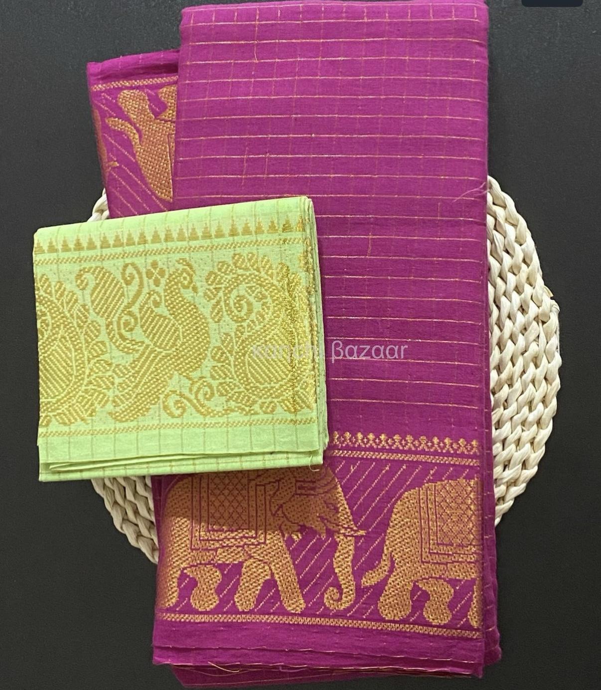 Hot Pink Sungudi with Pastel Green Blouse