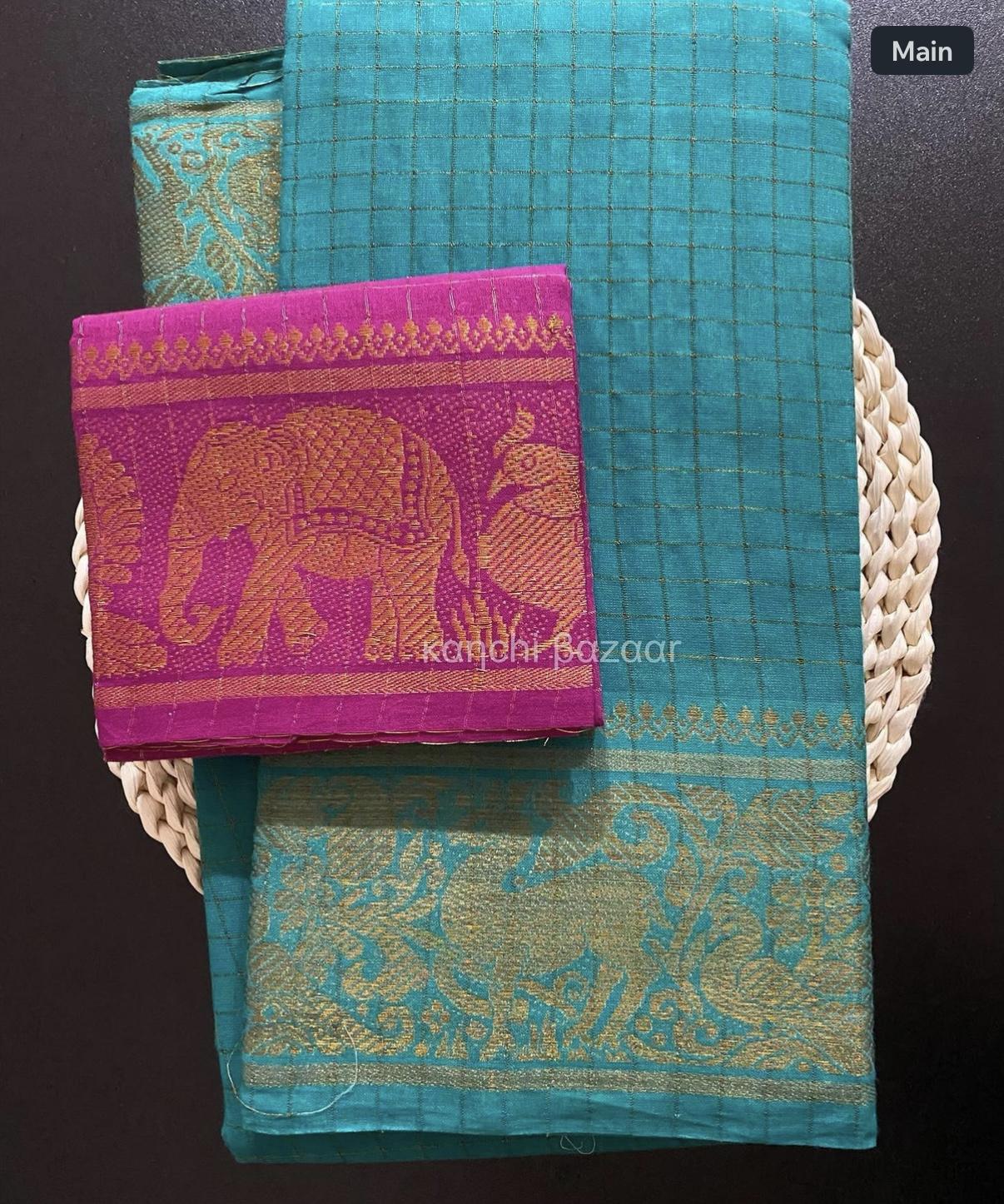 Turqoise Sungudi with Pinkish Purple Blouse