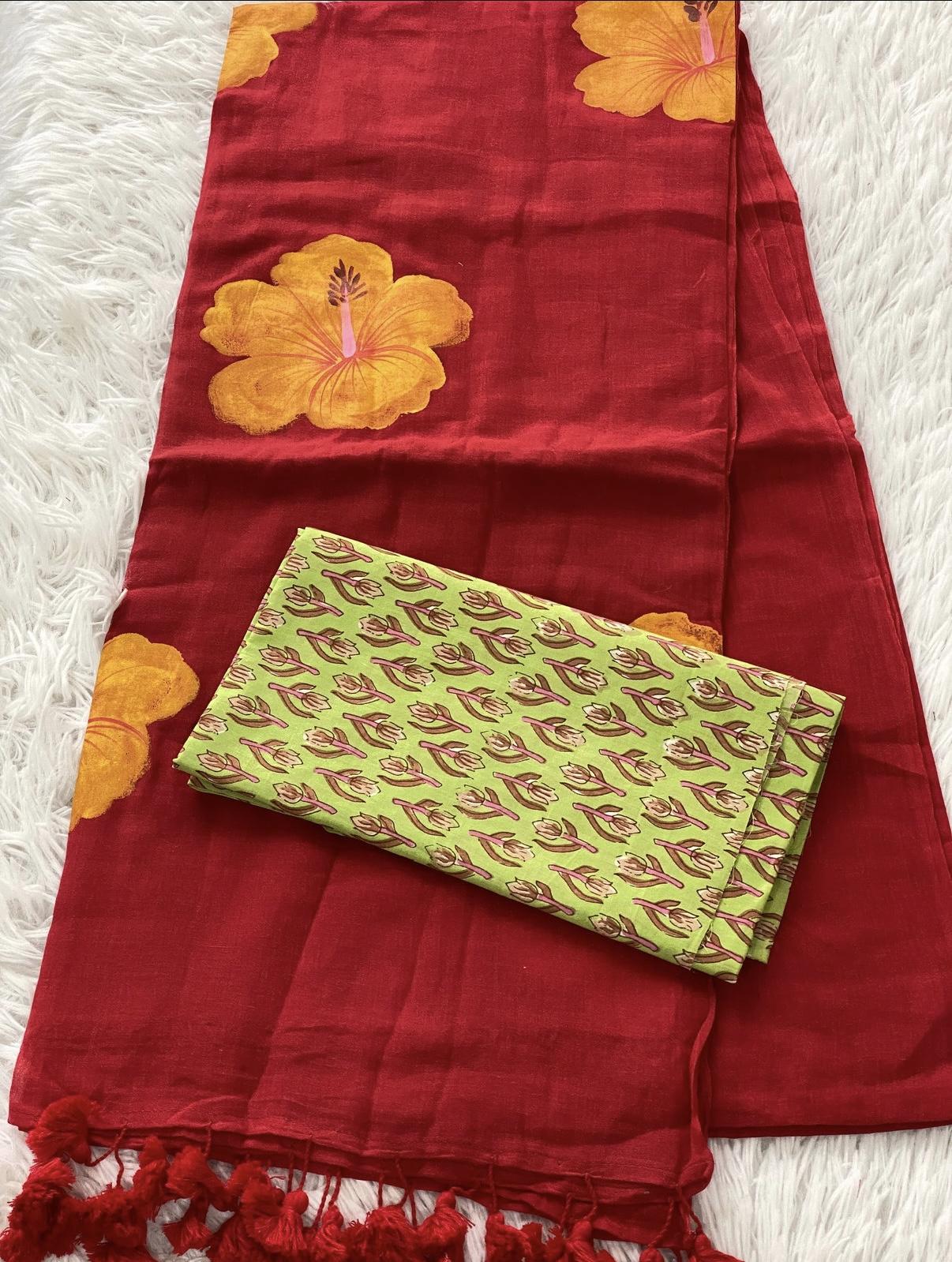 Red Handpainted Mul Cotton