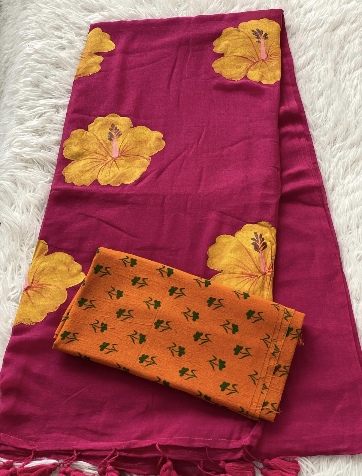Magenta Pink Handpainted Mul Cotton