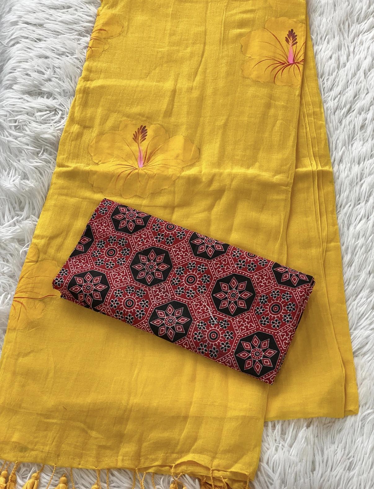 Yellow Handpainted Mul Cotton