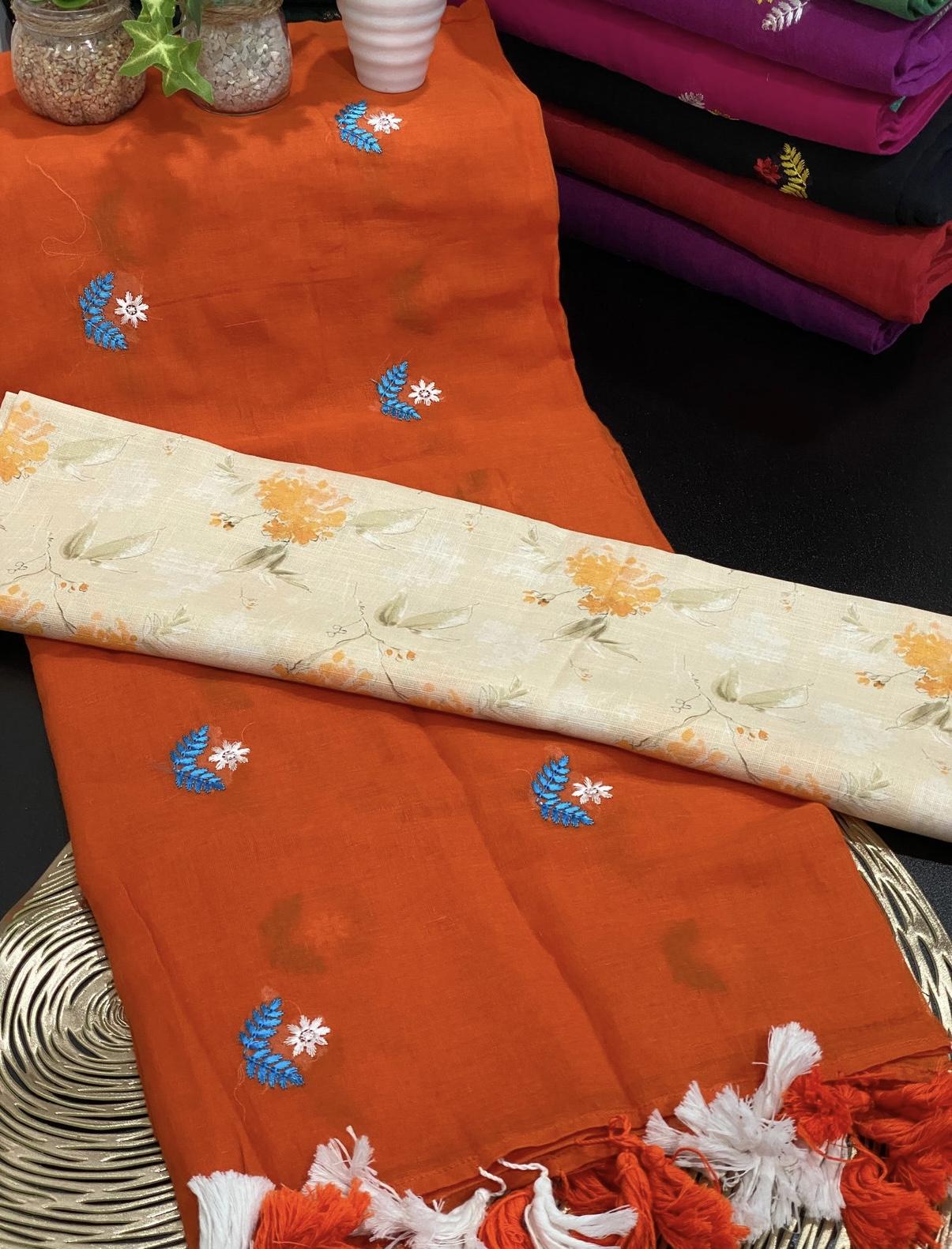 Orange Mul Cotton with Floral Embroidery