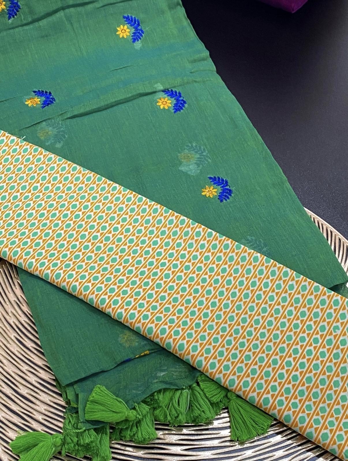 Green Mul Cotton with Floral Embroidery
