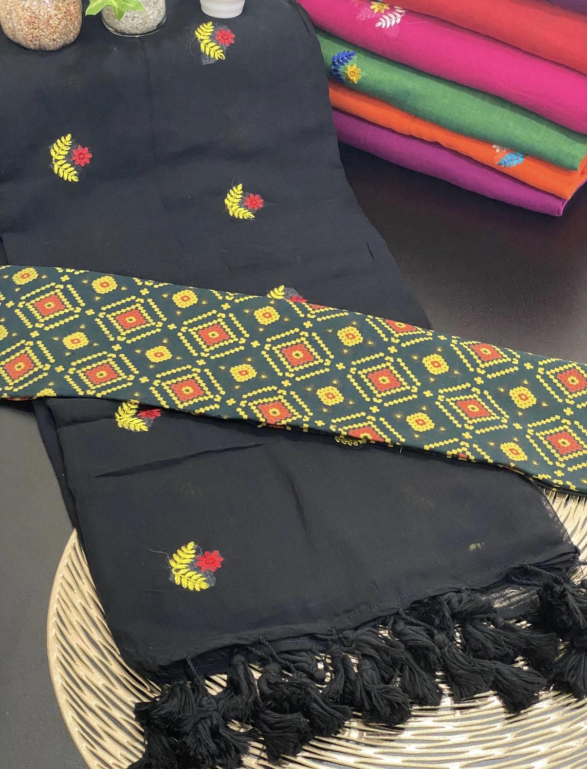 Black Mul Cotton with Floral Embroidery
