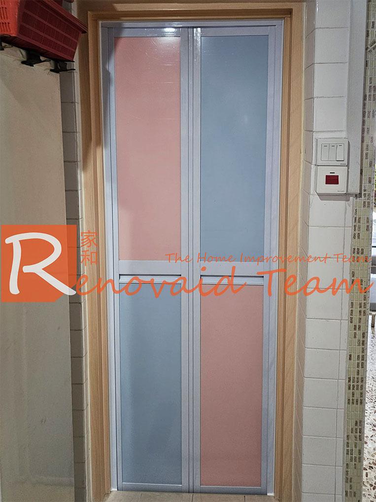 2 White Powder Coated Aluminium Bifold Door with Light Blue (E1) and Pink (E2) Acrylic - Renovaid Team