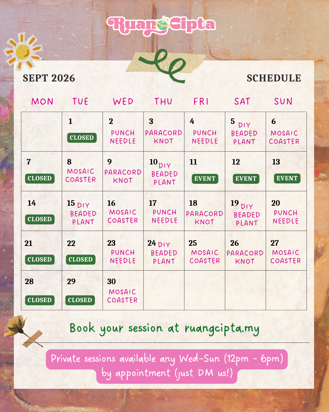 Ruang Cipta Workshop Calendar