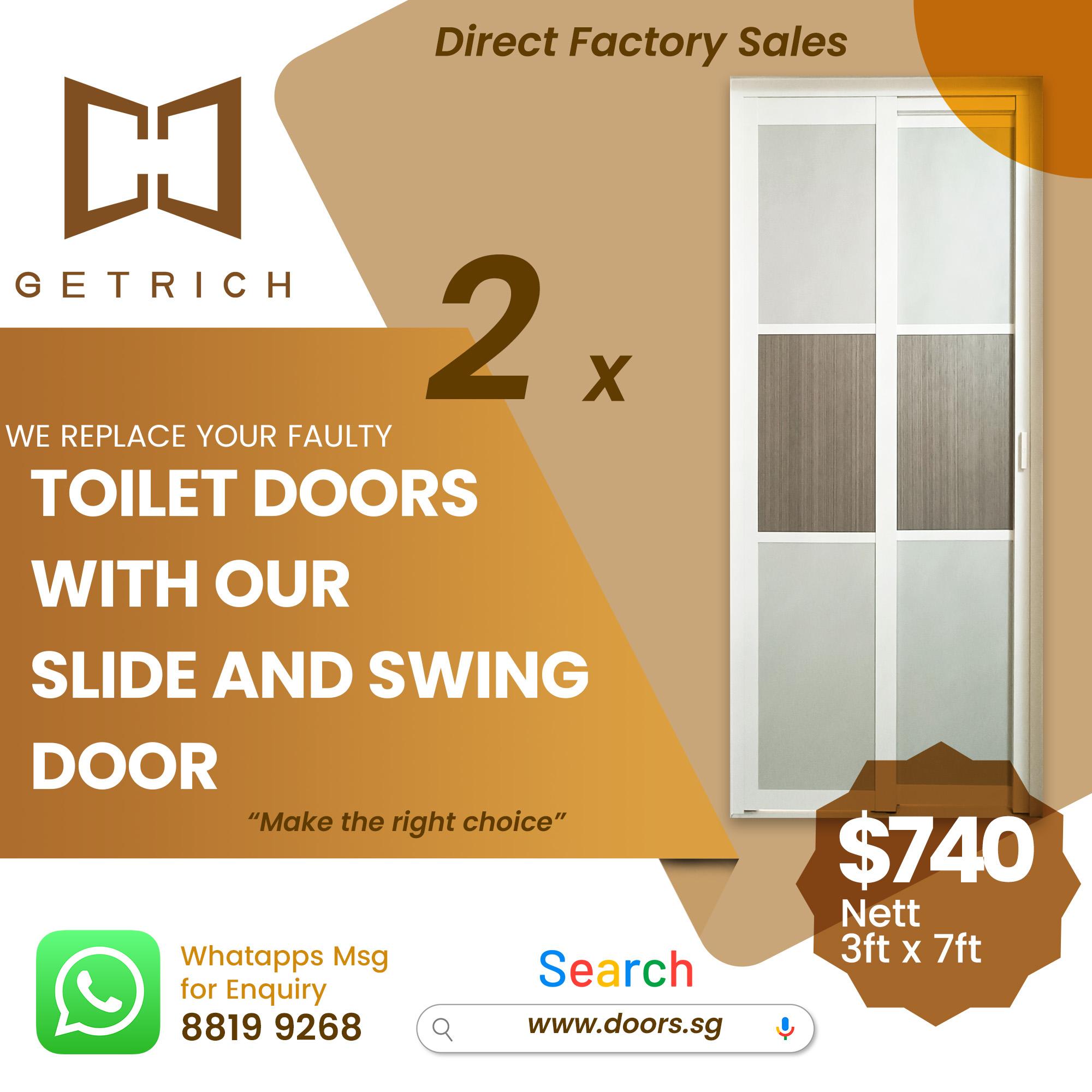 Slide & Swing Toilet Door Singapore | 2 Sets $740 | Getrich