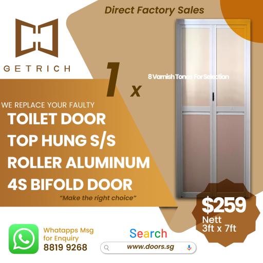 4S WPC Top Hung (Stainless Steel) Roller Aluminum Bifold Toilet Door Singapore | Durable | Getrich | 1 Toilet Door - image 1