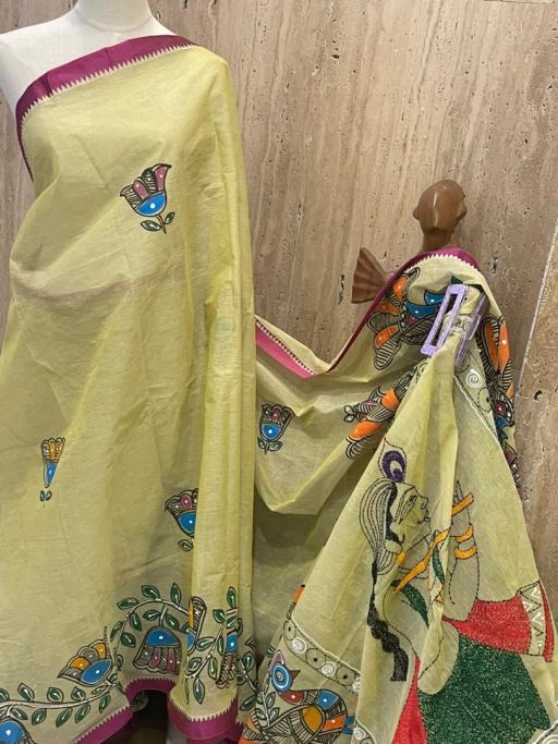 Dhaniakhali Handloom Cotton Saree with Kantha Stitch Embroidery & Folk Art Hand Painting - image 2