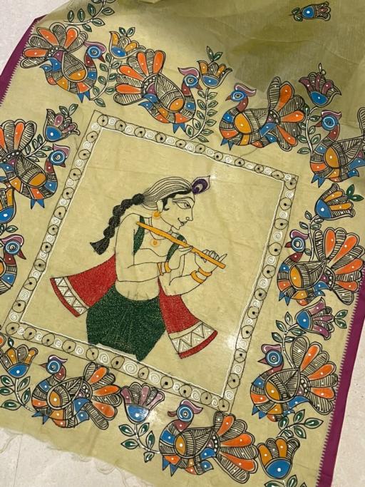 Dhaniakhali Handloom Cotton Saree with Kantha Stitch Embroidery & Folk Art Hand Painting - image 3