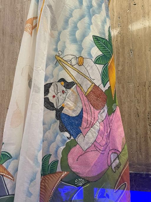 Dhaniakhali Handloom Cotton Saree with Kantha Stitch Embroidery & Folk Art Hand Painting - image 3
