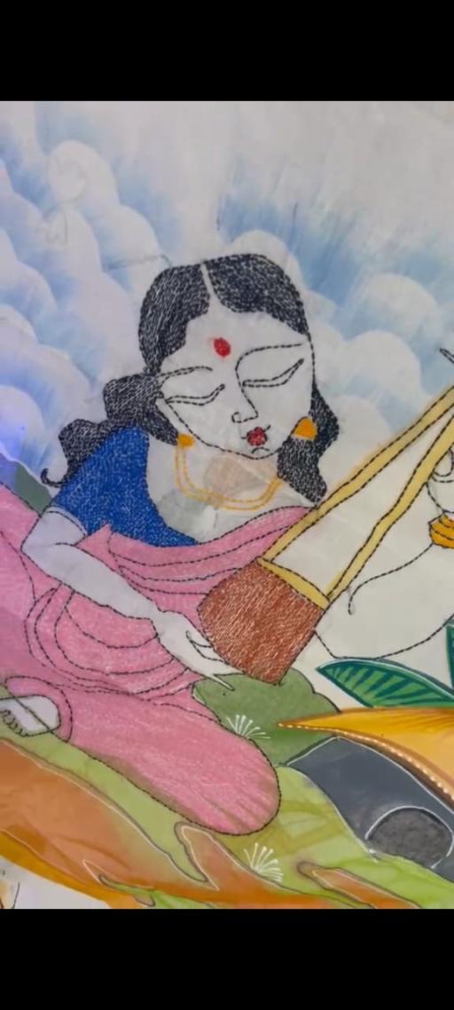 Dhaniakhali Handloom Cotton Saree with Kantha Stitch Embroidery & Folk Art Hand Painting - image 5