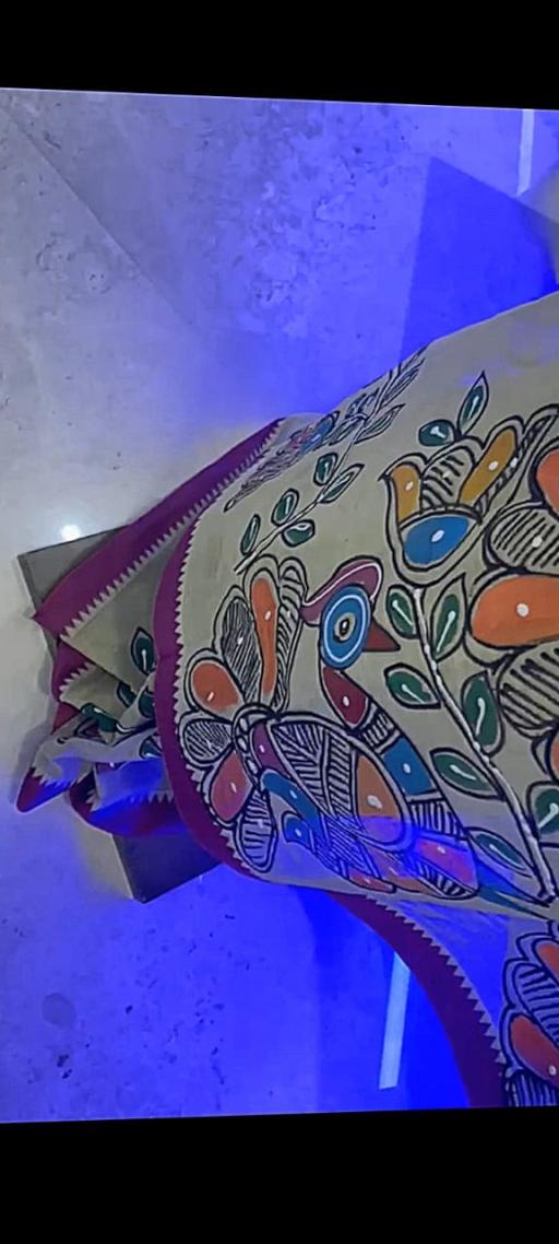 Dhaniakhali Handloom Cotton Saree with Kantha Stitch Embroidery & Folk Art Hand Painting - image 5
