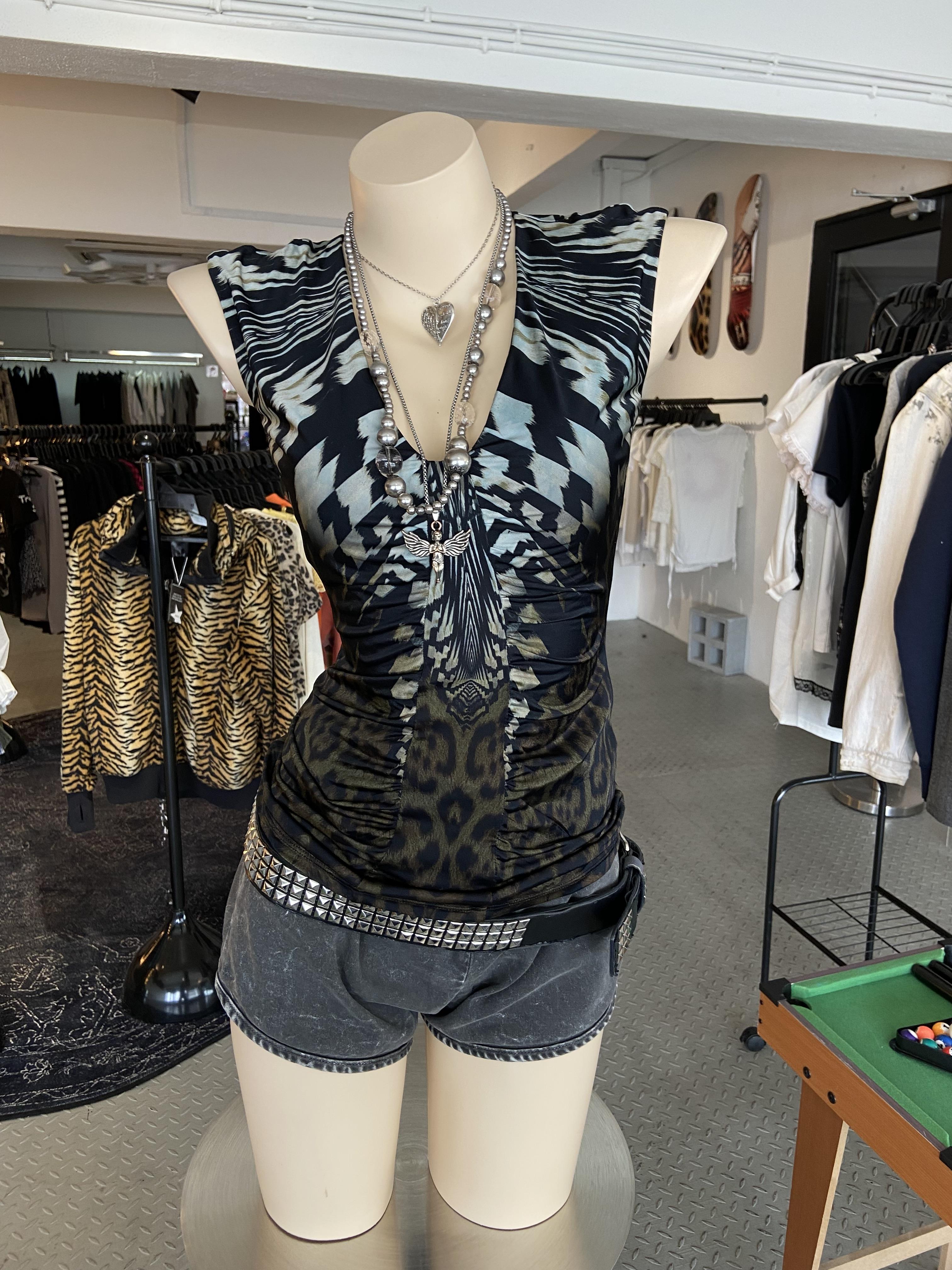 Authentic Early 00's Y2K Abstract Animal Print Ruched Top by Roberto Cavalli, Italy