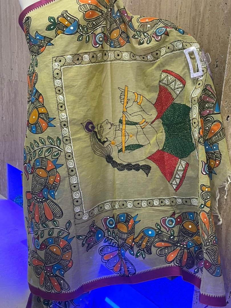 Dhaniakhali Handloom Cotton Saree with Kantha Stitch Embroidery & Folk Art Hand Painting