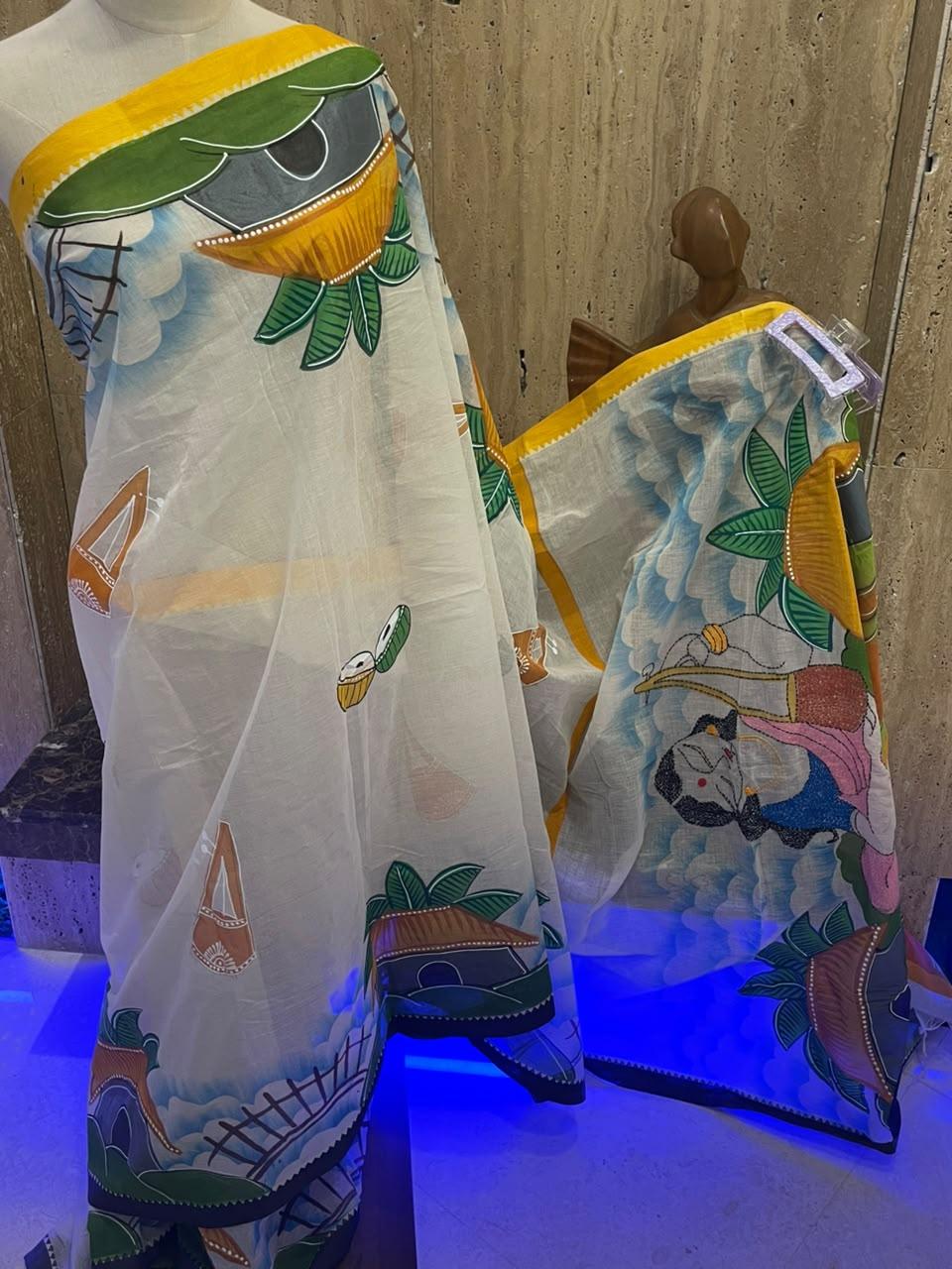 Dhaniakhali Handloom Cotton Saree with Kantha Stitch Embroidery & Folk Art Hand Painting