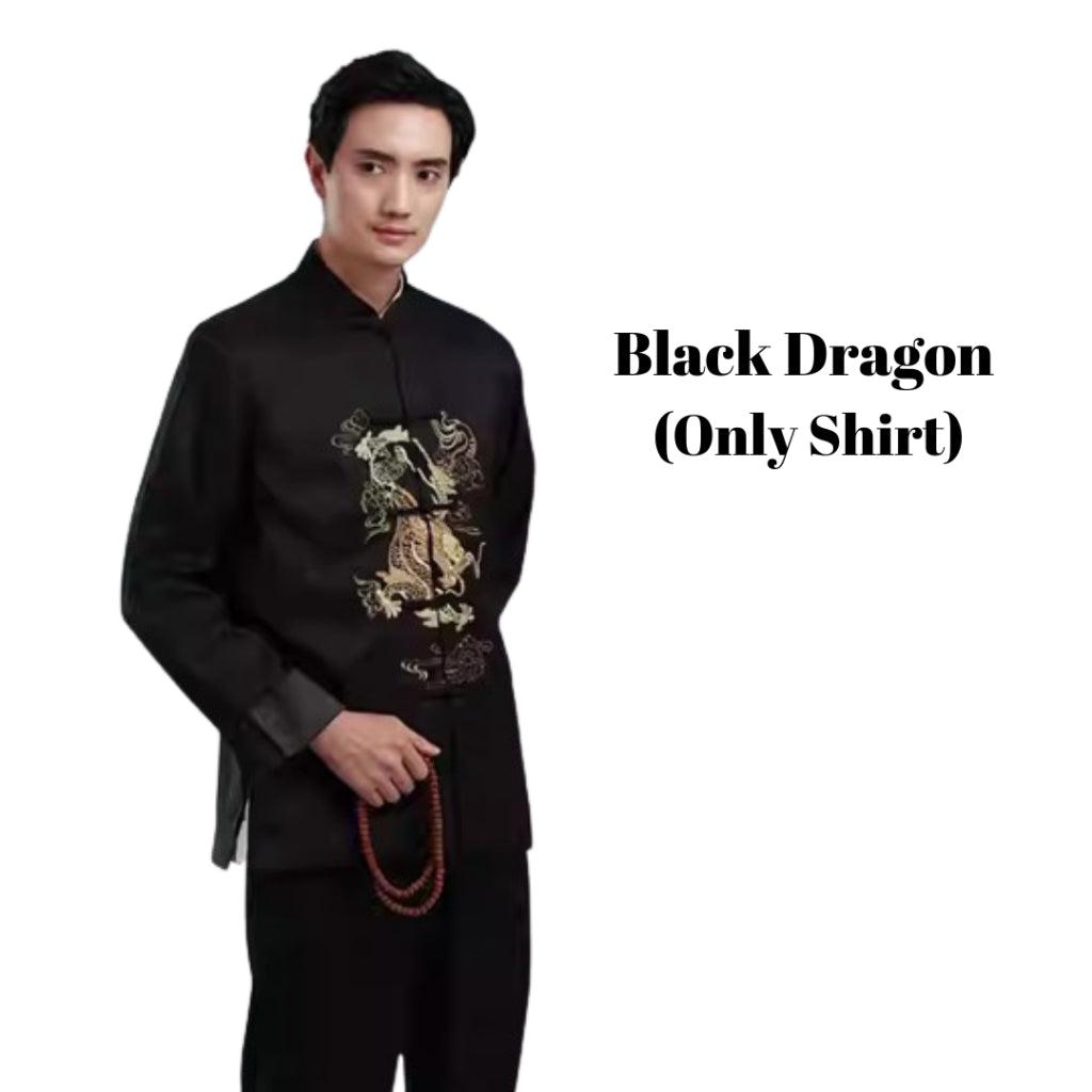 Men's Tang suit long-sleeved Chinese top coat retro embroidered double dragon dress performance costume CNY traditionals