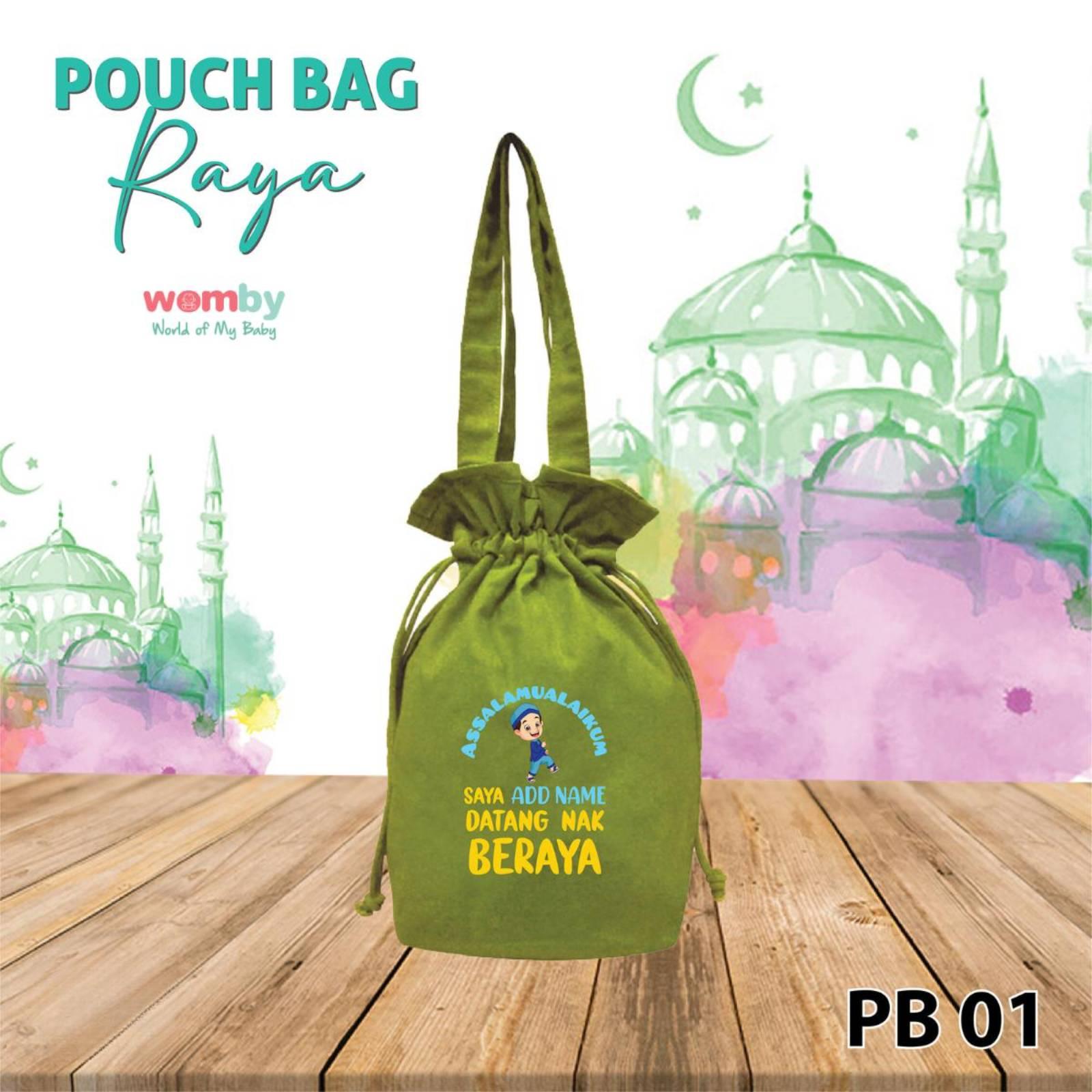 Bag Duit Raya Kain Canvas Tema Hijau - Pouch Bag Raya Canvas Dengan Tali Pengikat