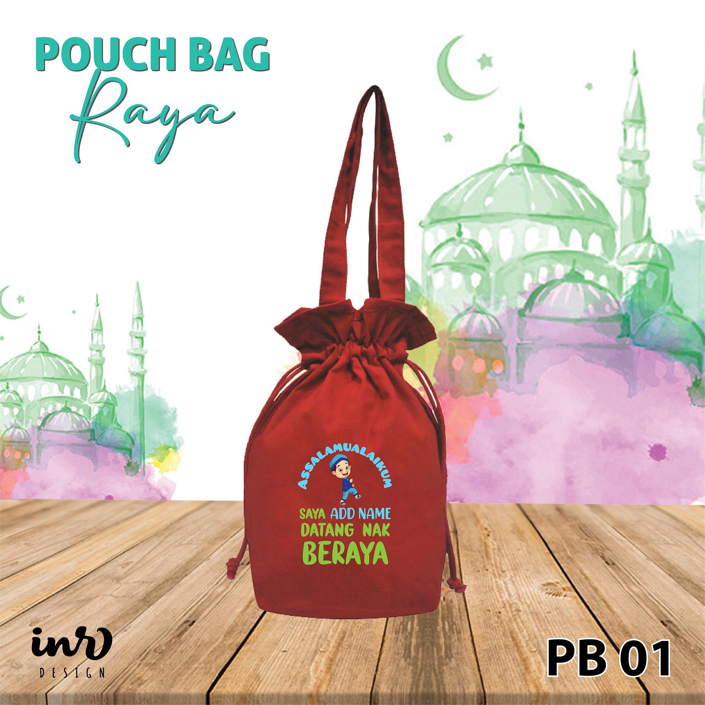 Bag Duit Raya Kain Canvas Tema Merah - Pouch Bag Raya Canvas Dengan Tali Pengikat