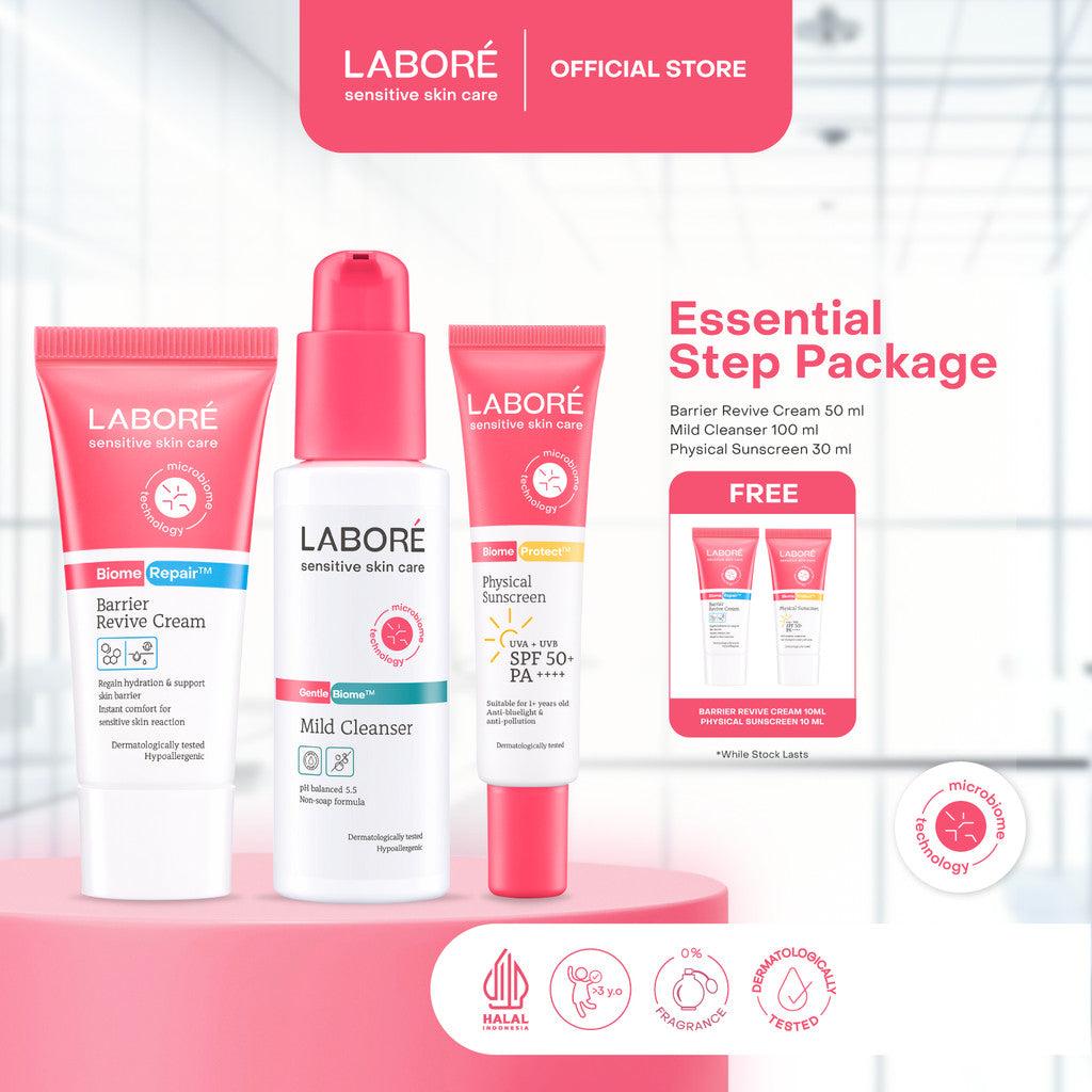 Labore Essential Step Package - Paket Mild Cleanser 100ml, Barrier Revive Cream 50ml, Physical Sunscreen 30ml untuk Perawatan W…