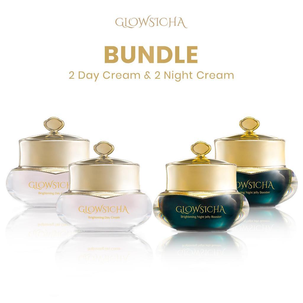 Glowsicha Bundle 6in1 (3pcs Day Cream + 3pcs Night Cream Jelly Booster) Krim Siang Malam Cerah Glowing Niacinamide UV Filter Go…