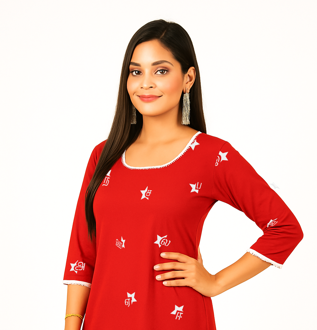 Long-Sleeve Kurta – Tamil Letters – Red Fabric