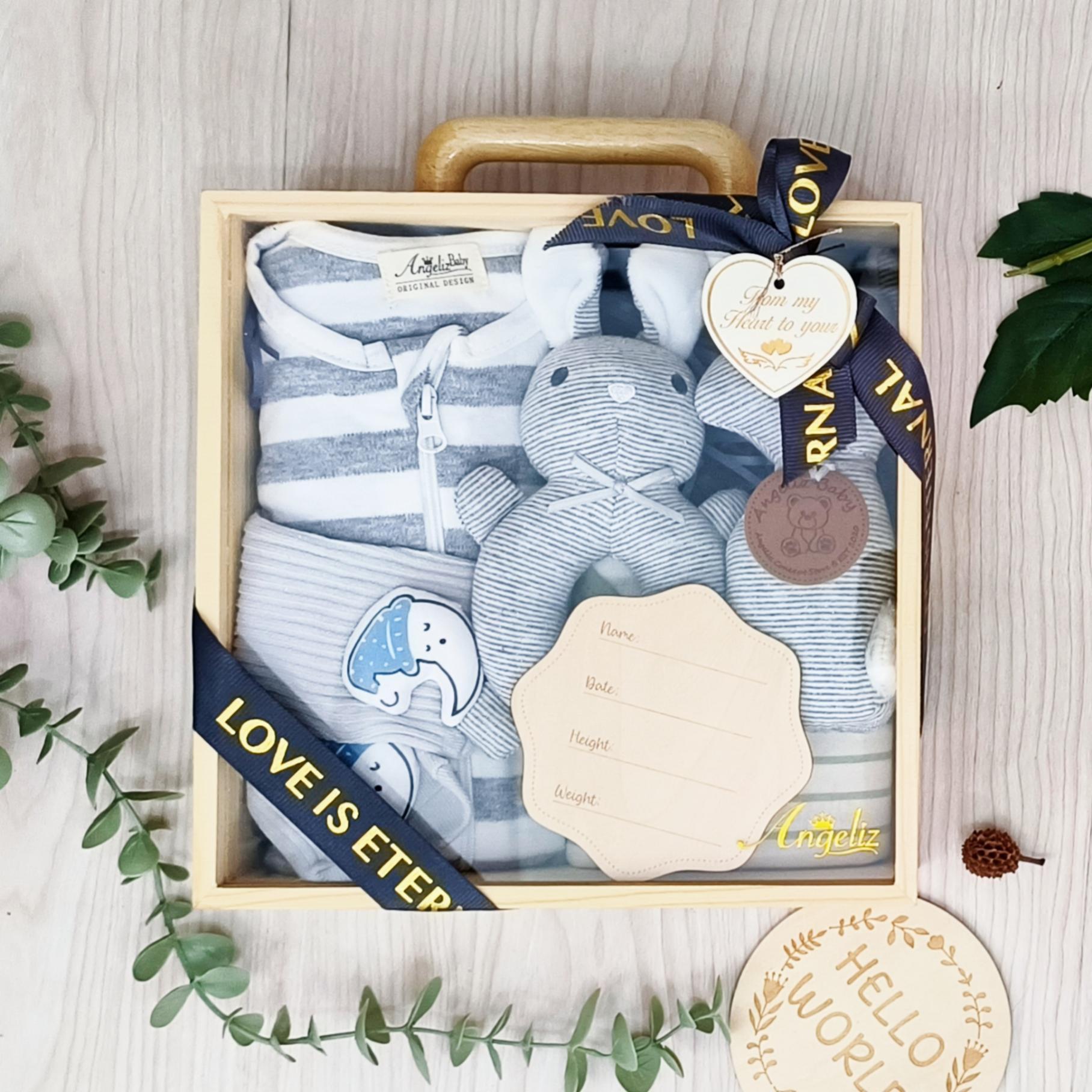 Angeliz Twin Bunny Swaddle Wooden Baby Hamper Gift Box Neutral 8pcs