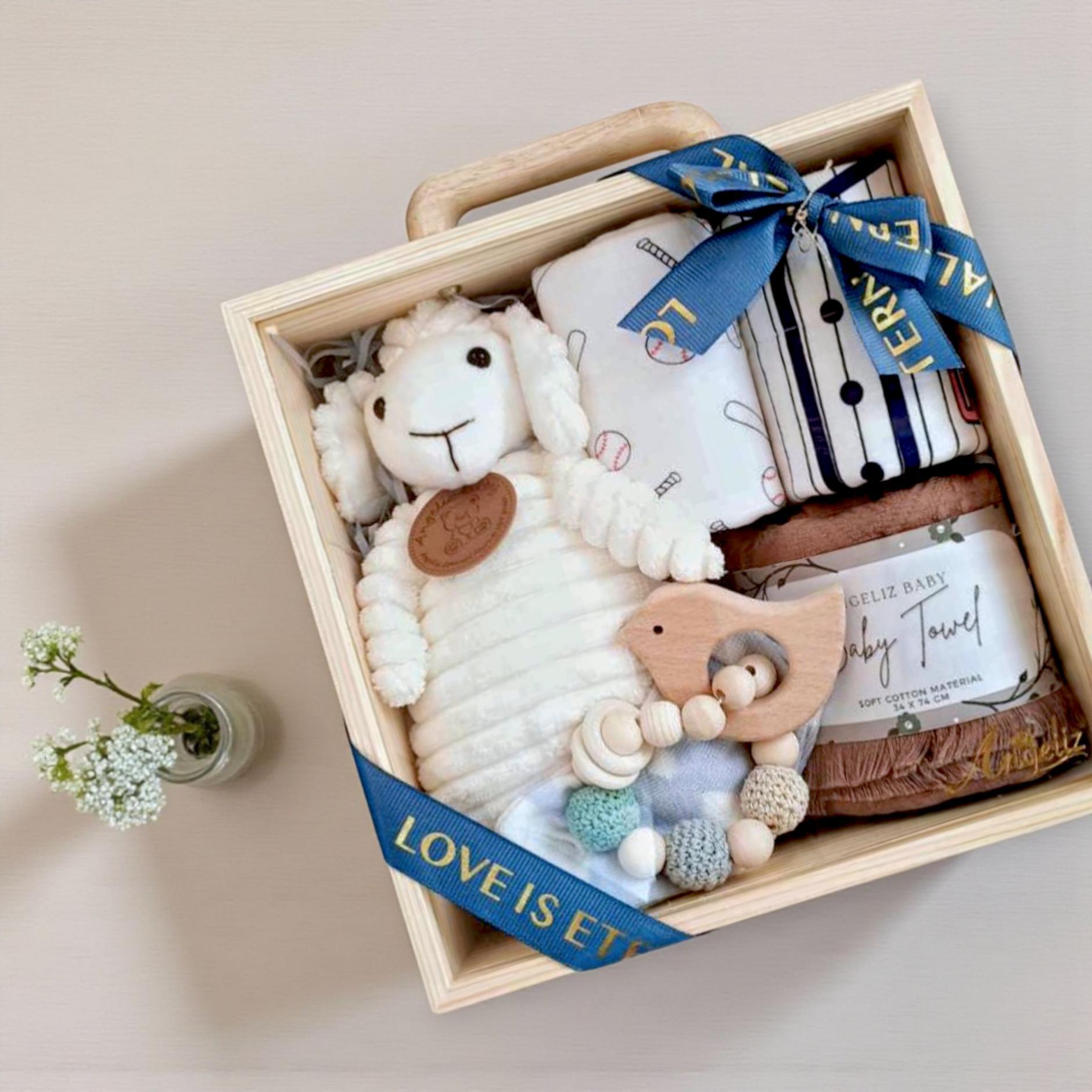 Angeliz Lovely Sheep Wooden Baby Hamper Gift Box Blue 8pcs