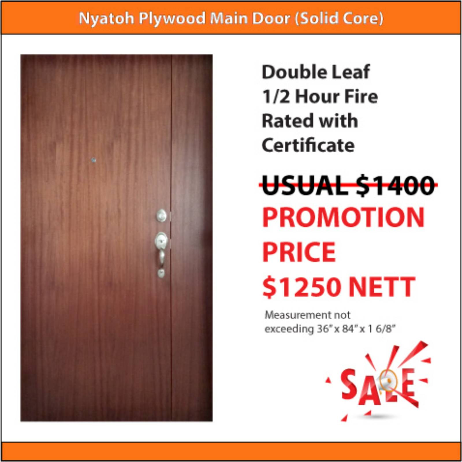 HDB Main Door - 1/2 Hour Fire Rated Double Leaf (4ft x 7ft) Nyatoh Plywood Main Door