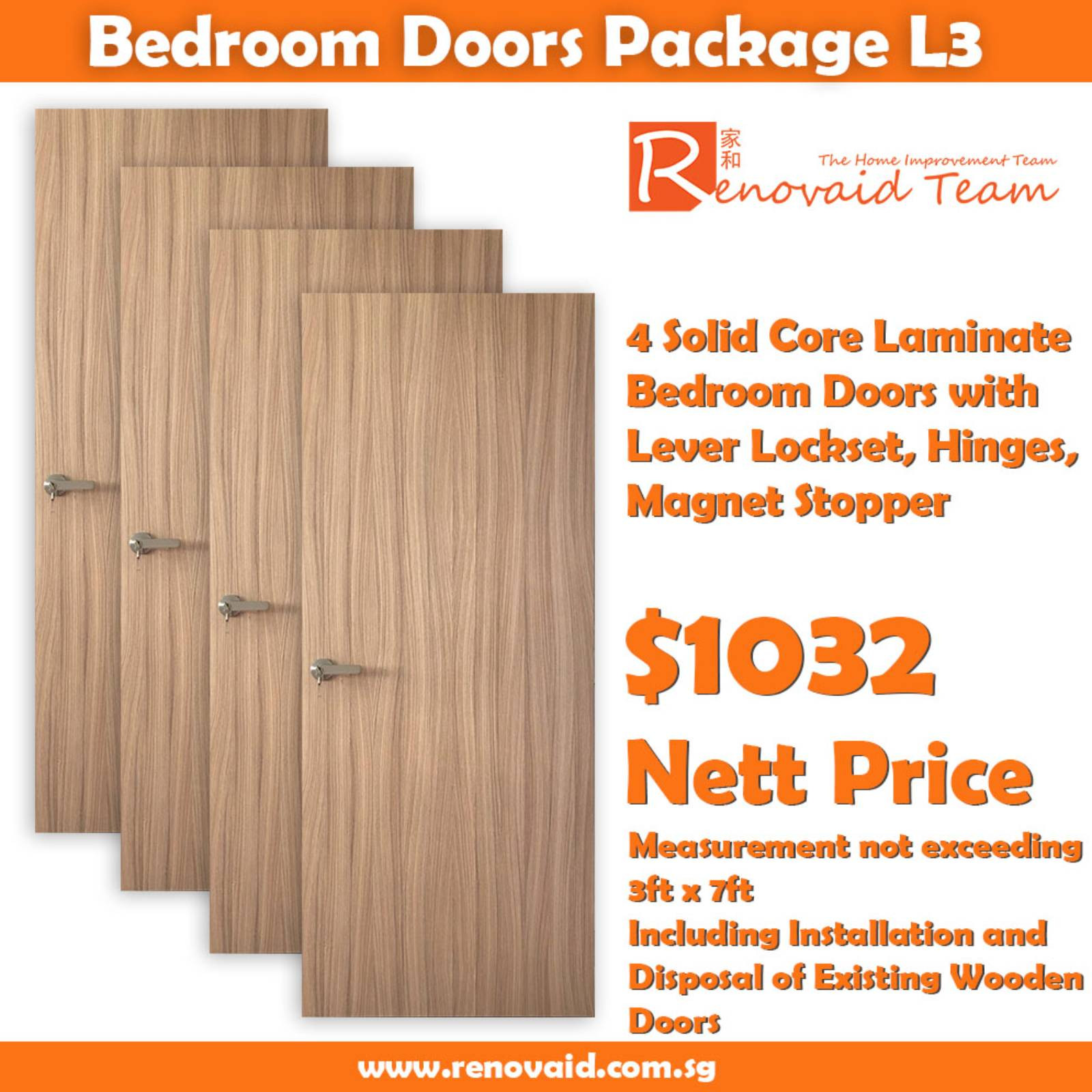 HDB Bedroom Doors – Laminate Plywood for bedrooms (Solid Core) x 4 with lever lock