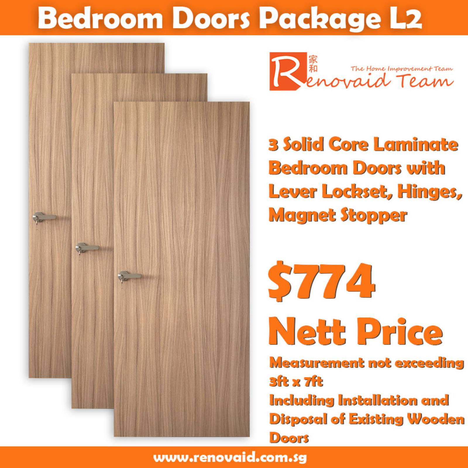 HDB Bedroom Doors – Laminate Plywood for bedrooms (Solid Core) x 3 with lever lock