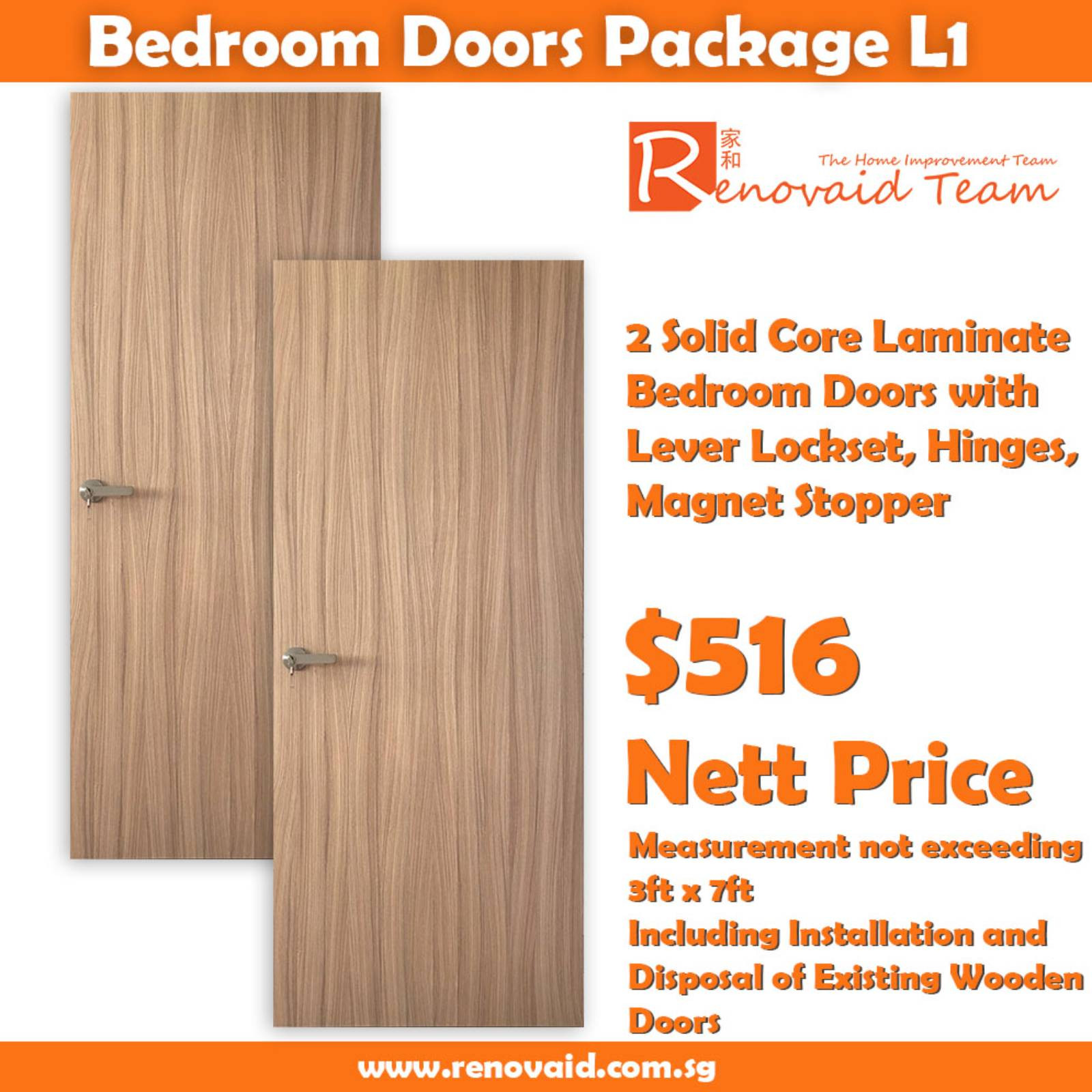 HDB Bedroom Doors – Laminate Plywood for bedrooms (Solid Core) x 2 with lever lock