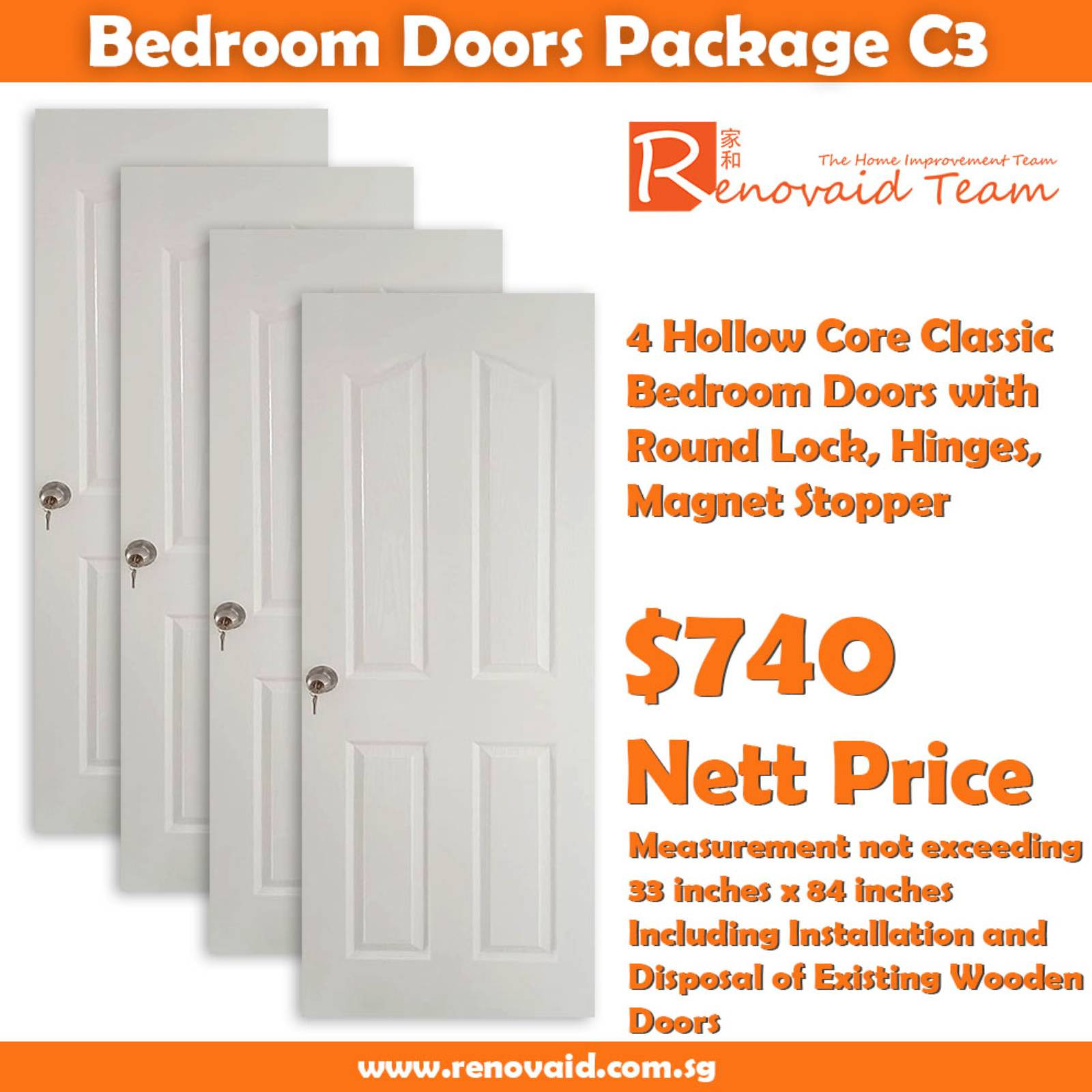 HDB Bedroom Doors – Classic Doors for bedrooms (Hollow Core) x 4