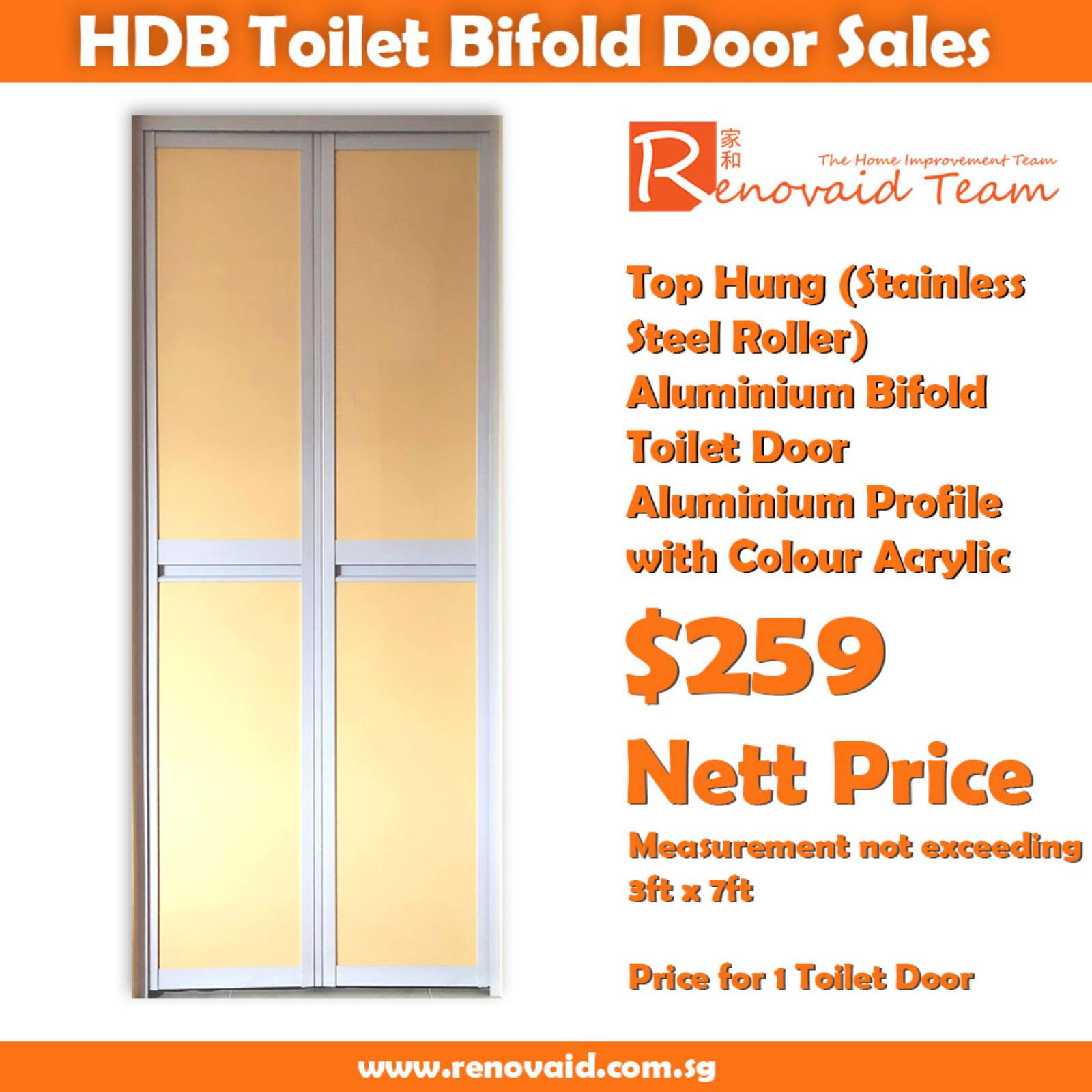 White Powder Coated Top Hung (Stainless Steel Roller) Aluminium Bifold Toilet Door x 1