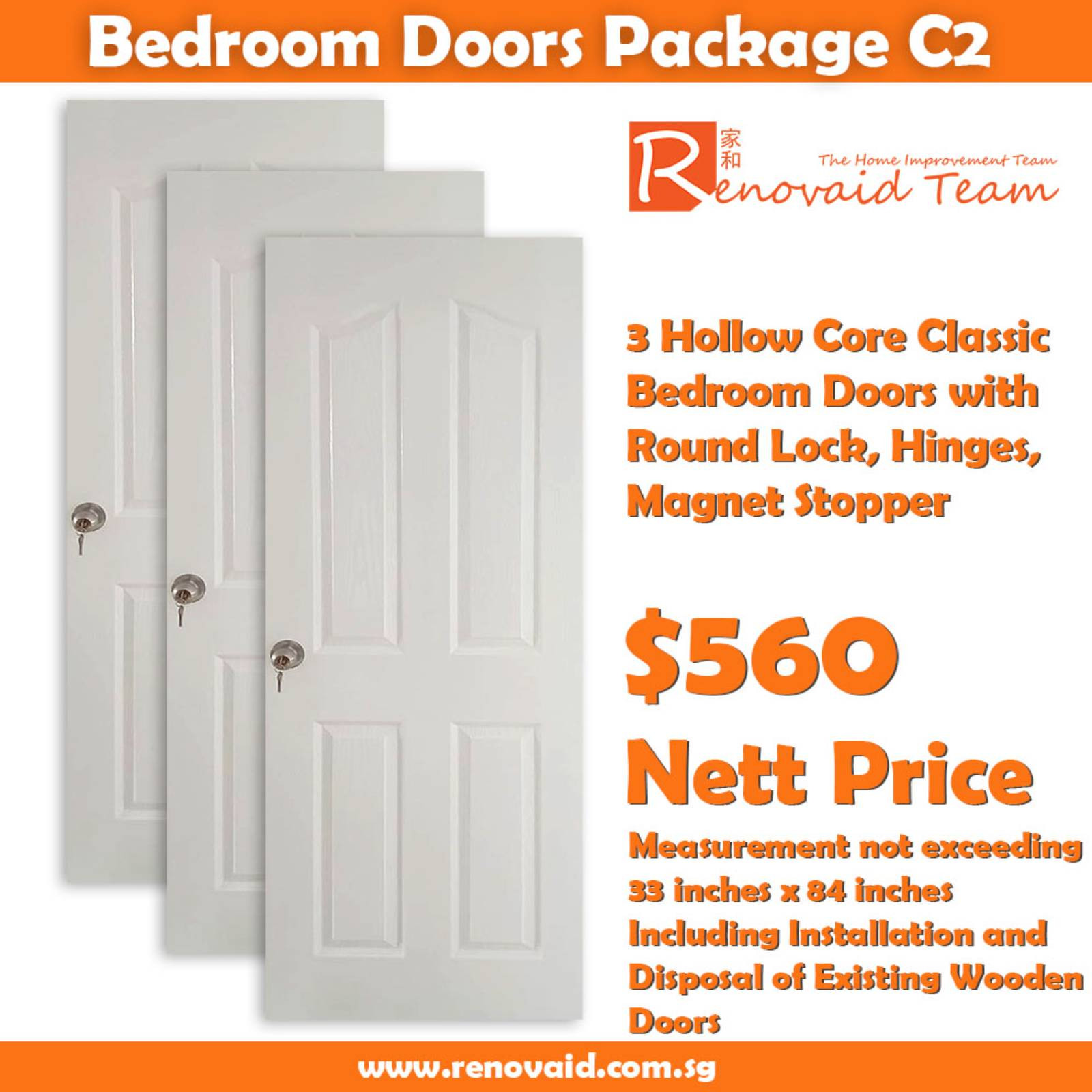 HDB Bedroom Doors – Classic Doors for bedrooms (Hollow Core) x 3
