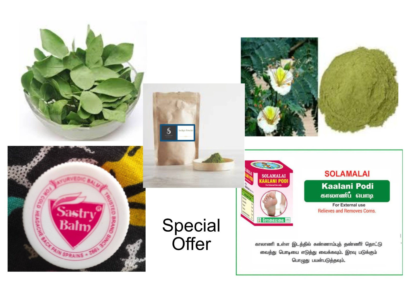 Special  Combo Offer - Bael Leaf Powder, Vadganarayan, Sastry Balm Pain Killer, KAALANI PODI/ Remove Corn, Avuri Powder / Indigo