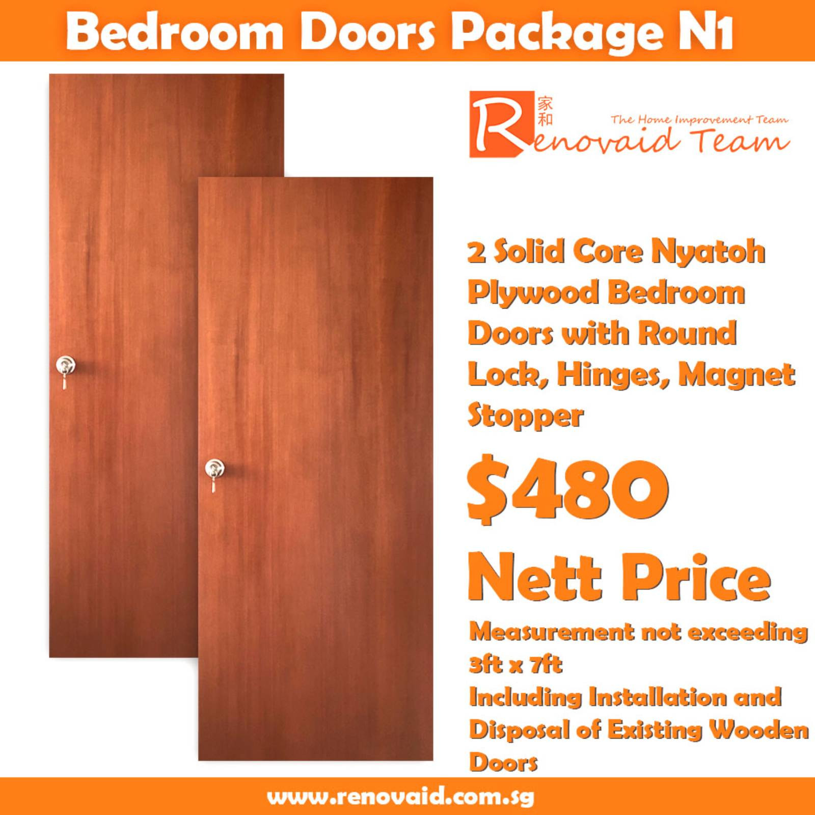 HDB Bedroom Doors – Nyatoh Plywood for bedrooms (Solid Core) x 2