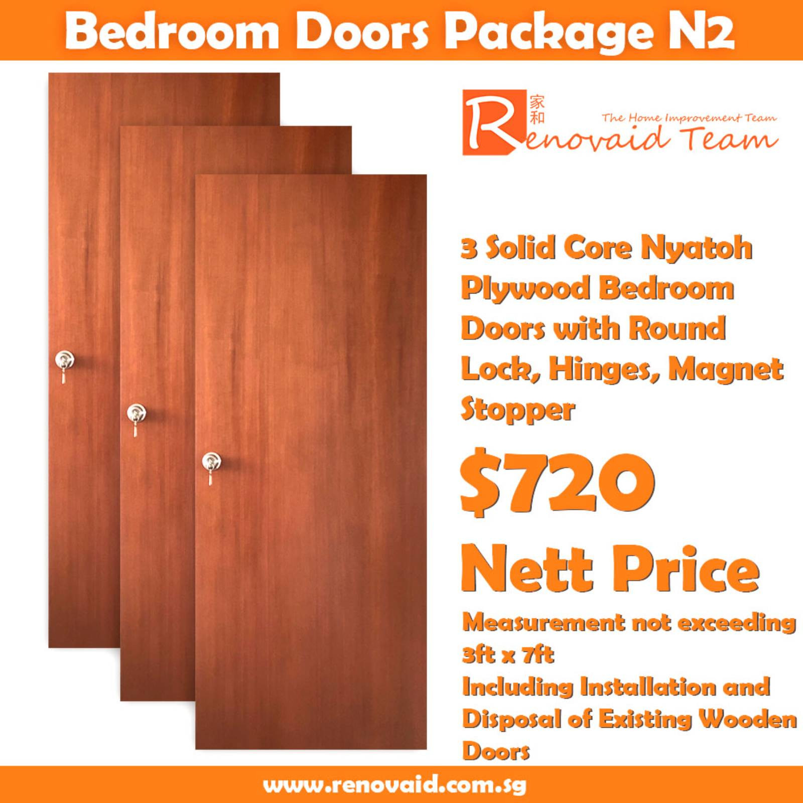 HDB Bedroom Doors – Nyatoh Plywood for bedrooms (Solid Core) x 3