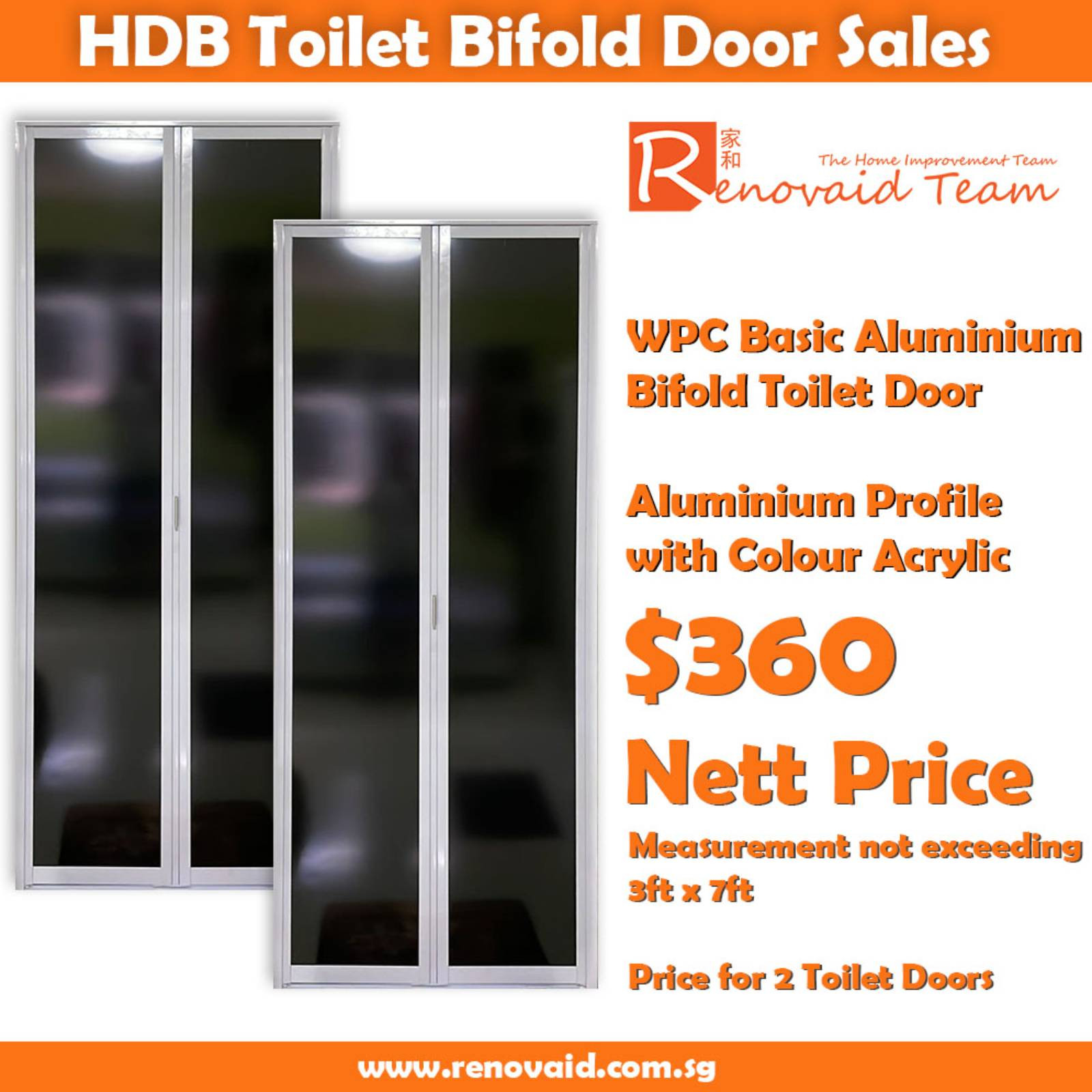 HDB Toilet Door Replacement - White Powder Coated Basic Aluminium Bifold Toilet Door x 2
