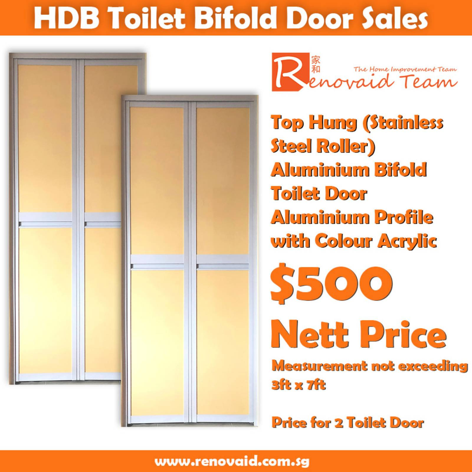 HDB Toilet Door Replacement - White Powder Coated Top Hung (Stainless Steel Roller) Premium Aluminum Bifold Door x 2