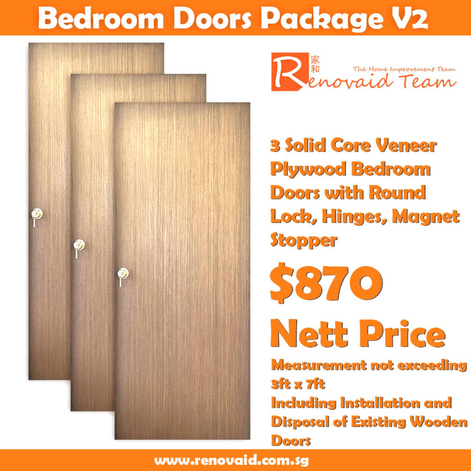 HDB Bedroom Doors – Veneer Plywood for bedrooms (Solid Core) x 3